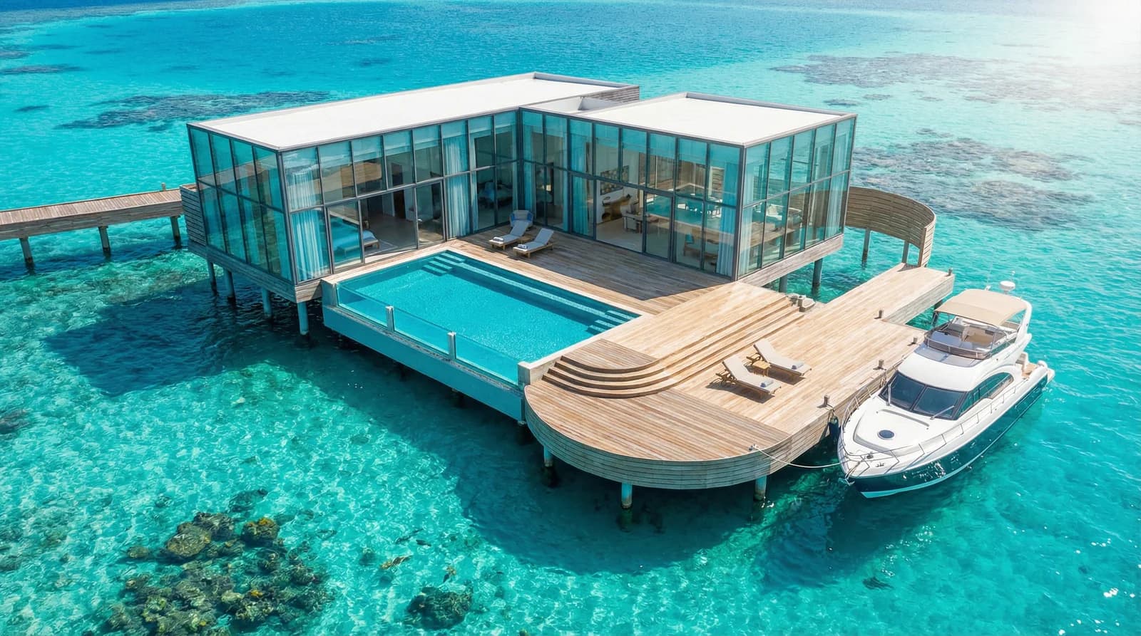 Concept illustration of an overwater villa in a tropical island setting