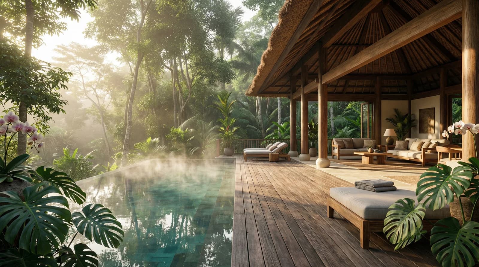 Concept illustration of a pool villa surrounded by tropical greenery
